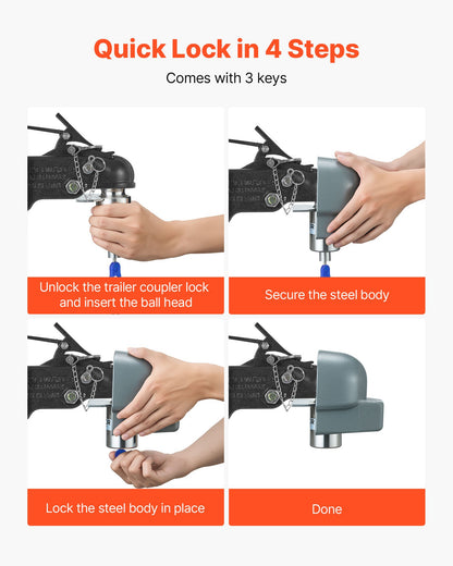 Lås för släpvagnskoppling, passar 58,6 mm gjutna/bulldogg släpvagnskopplingar, kraftigt släpvagnskopplingslås med 3 nycklar, korrosionsbeständigt, stöldskyddande kullås för husbil, släpvagn, båt, svart