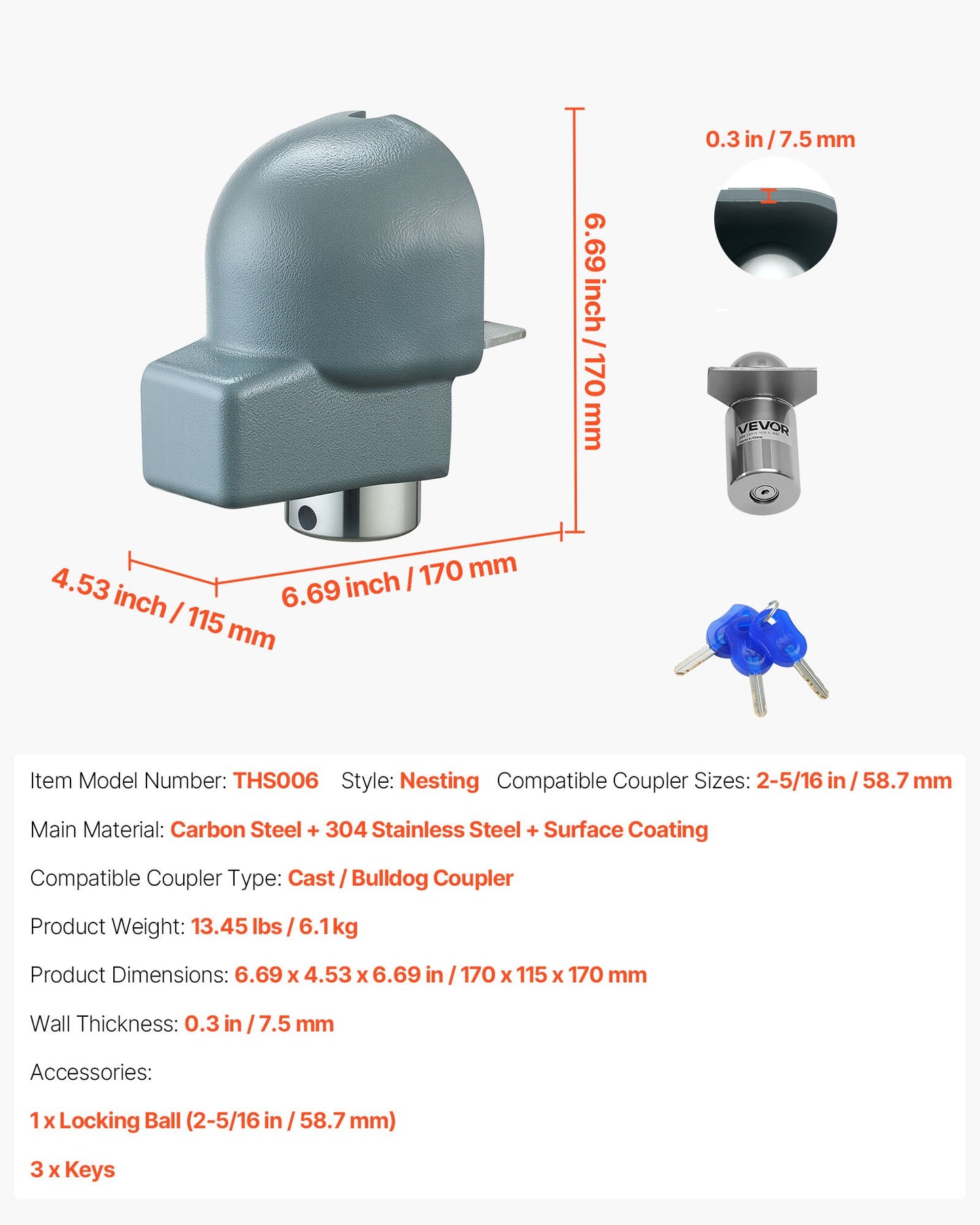 Lås för släpvagnskoppling, passar 58,6 mm gjutna/bulldogg släpvagnskopplingar, kraftigt släpvagnskopplingslås med 3 nycklar, korrosionsbeständigt, stöldskyddande kullås för husbil, släpvagn, båt, svart