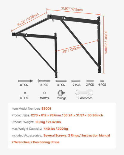 Pull-up-stång, 50 tum breda väggmonterade pull-ups, justerbart djup 22" eller 30" från väggen, kraftiga stålstänger för överkroppsträning, 440 lbs viktkapacitet Chin-up-träningsstation, för hemmagym