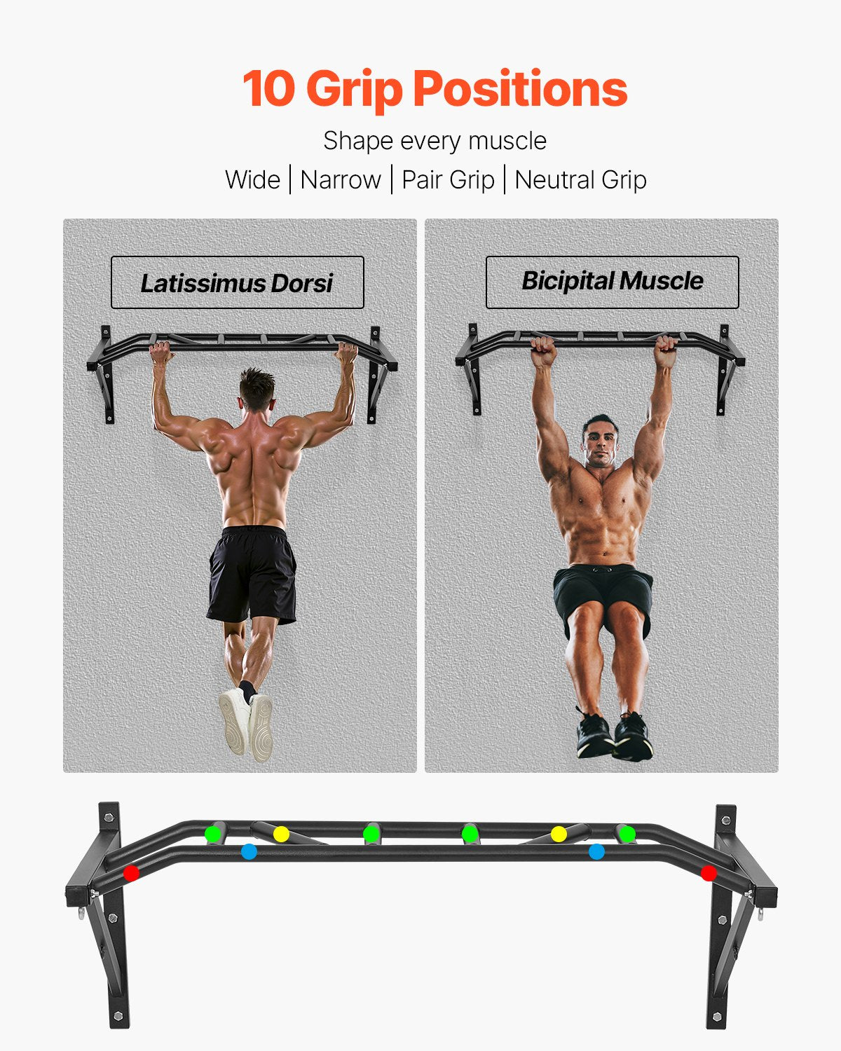 Pull-up-stång, väggmonterade pull-ups med flera grepp, 50 tum bred multifunktionell chin-up-träningsstation, kraftiga stålstänger för överkroppen med galgar, 440 lbs viktkapacitet, för hemmagym