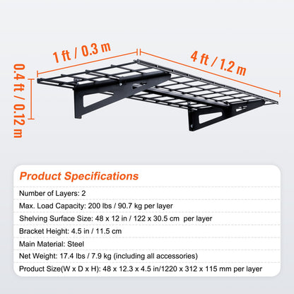 Garagehyllor, 2-pack, 4 x 1 fot kraftiga garagehyllor väggmonterade, 400 lbs lastkapacitet (totalt) Flytande garagehyllor, lämpliga för verkstad, förråd, garageförvaring