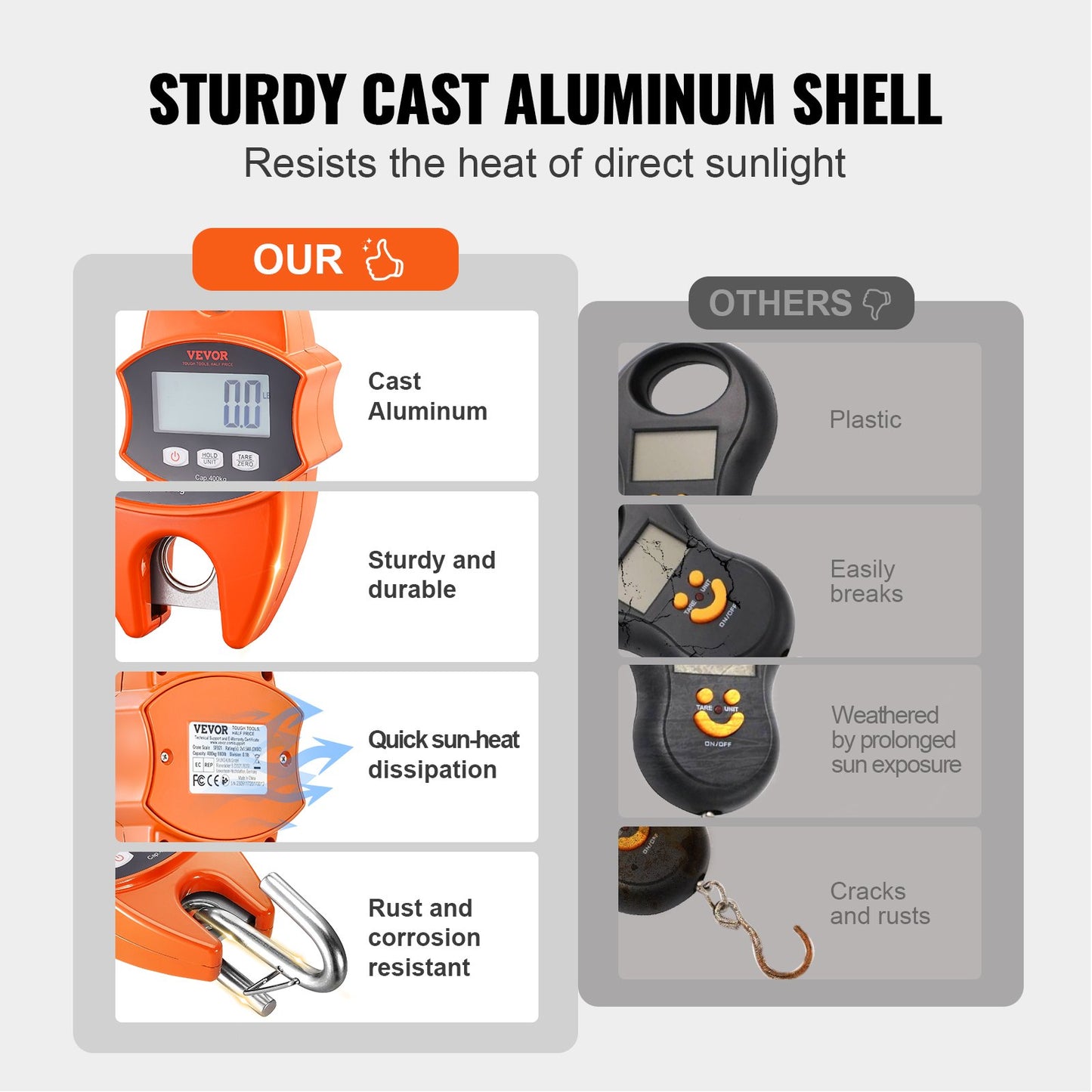 Digital kranvåg, 400 kg, industriell kraftig hängvåg med gjuten aluminiumhölje och LCD-skärm, handhållen minikran med krokar för gård, jakt, fiske, utomhusbruk, garage (orange)