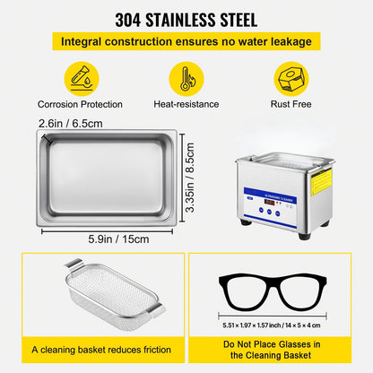 0,8L ultraljudsrengörare digital värmare timer för rengöring av smycken rengöring av glasögon 35W rostfritt stål för kommersiellt personligt hembruk