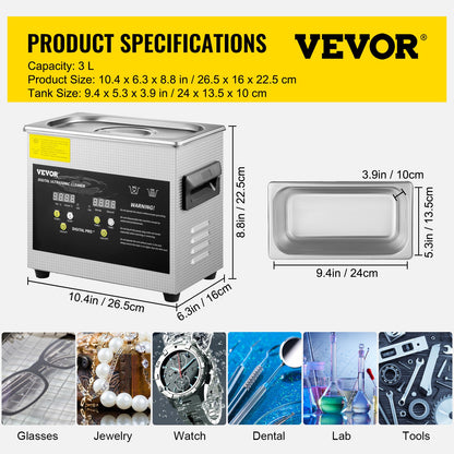 3L uppgraderad ultraljudsrengörare (200W värmare, 120W ultraljud) Professionell digital ultraljudsrengörare för laboratorier med värmetimer för rengöring av smycken och glasögon