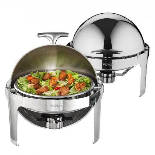 Bufféset med roll top, 6 liter, 2-pack, rostfritt stål chafing dish med 2 fullstora kastruller, rund cateringvärmare med lock, vattenkastrullställ, bränslehållare, för minst 5 personer