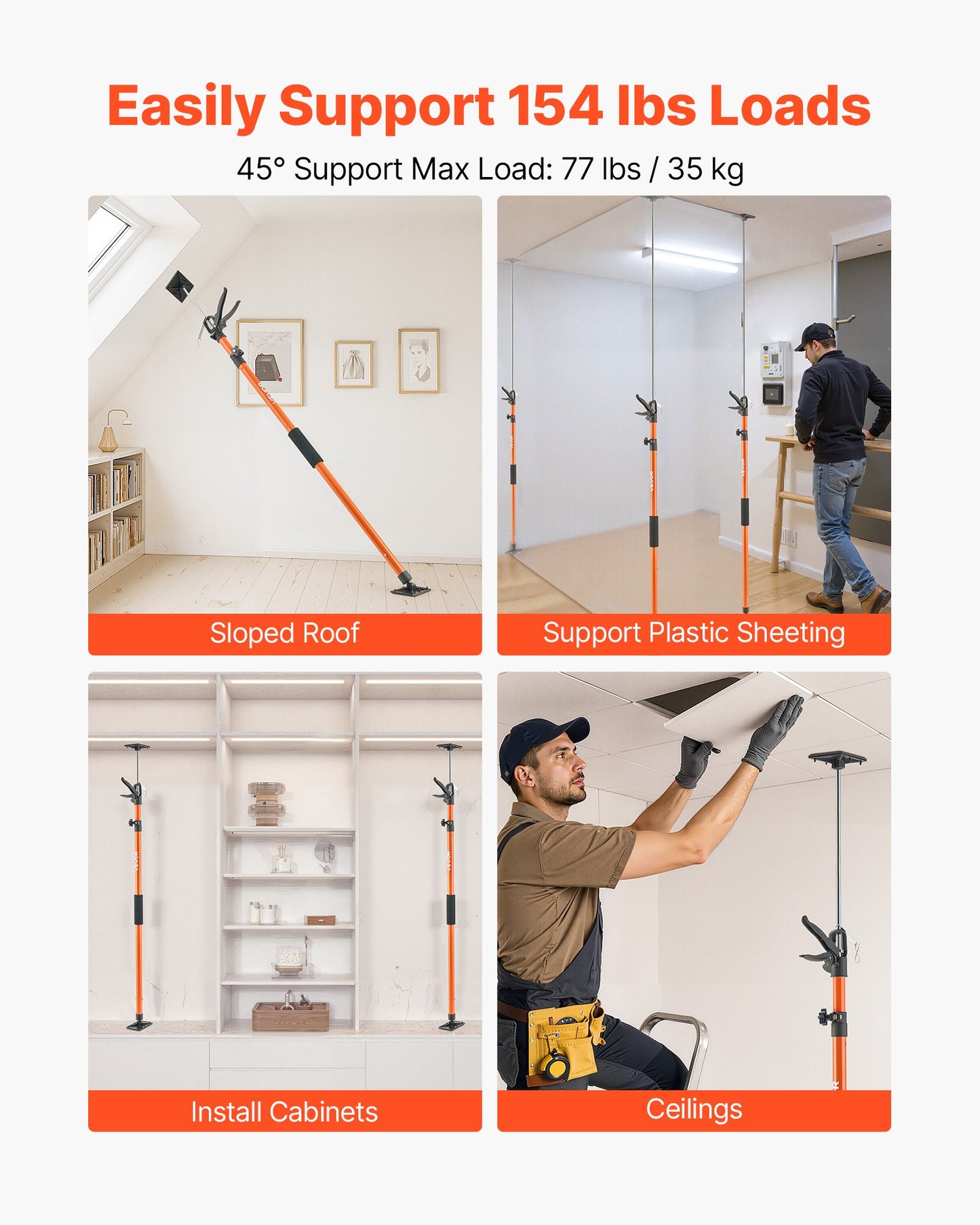 Cabinet Jack Support Pole, 2-Pack, 116-290 cm Steel Telescopic Quick Support Rod, Adjustable 3rd Hand System up to 70 kg Capacity for Installing Cabinets, Lifting Drywall, Cargo Bars