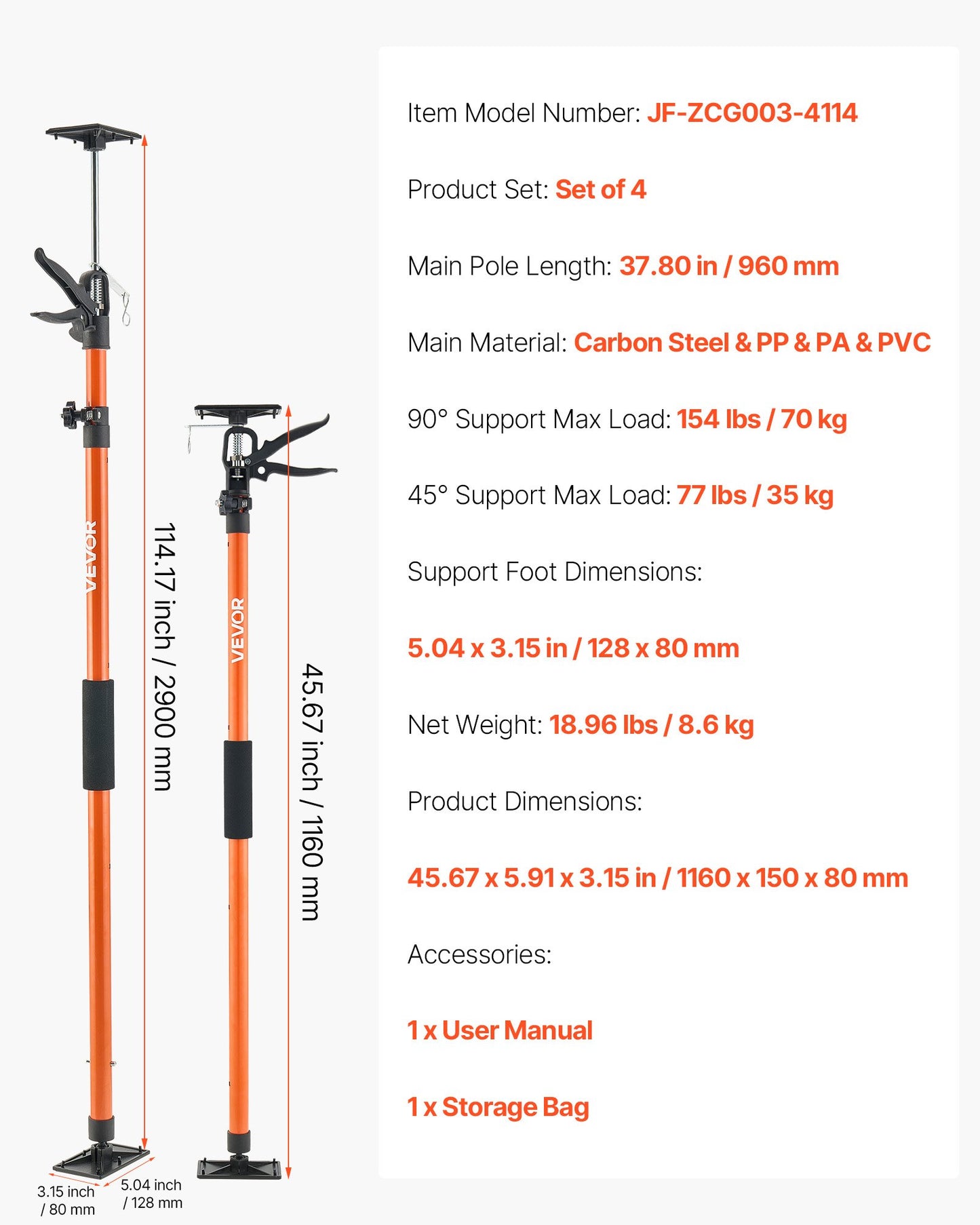 Cabinet Jack Support Pole, 4-Pack, 116-290 cm Steel Telescopic Quick Support Rod, Adjustable 3rd Hand System up to 70 kg Capacity for Installing Cabinets, Lifting Drywall, Cargo Bars