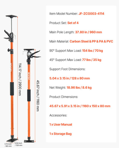 Cabinet Jack Support Pole, 4-Pack, 116-290 cm Steel Telescopic Quick Support Rod, Adjustable 3rd Hand System up to 70 kg Capacity for Installing Cabinets, Lifting Drywall, Cargo Bars