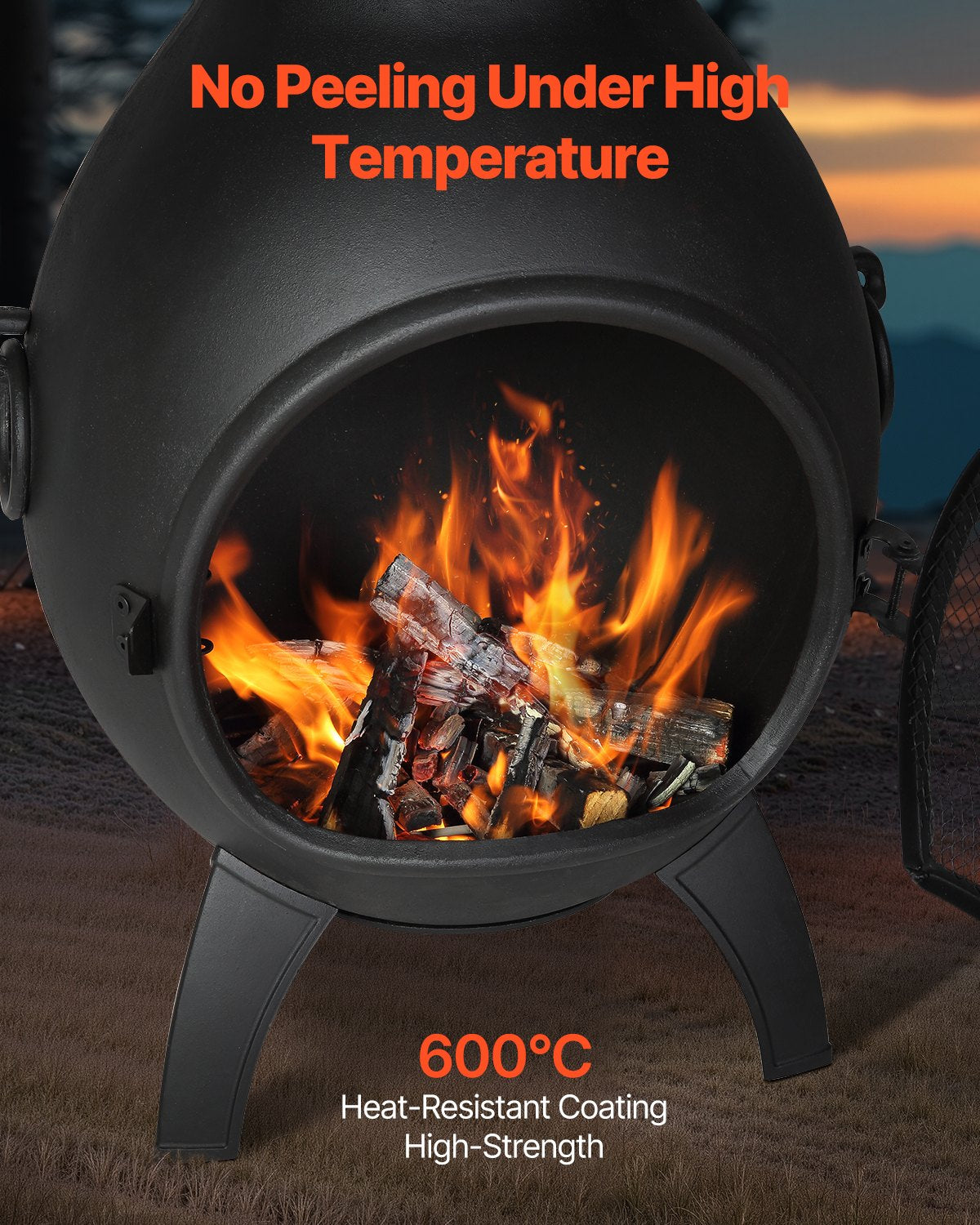 Chiminea, 40 cm vedeldad eldstad för utomhusbruk, sfärisk öppen spis för grillning och uppvärmning, eldstad i trä med grillnät, skorstensbeläggning och rostfritt skorstenslock, för uteplats, trädgård, bakgård