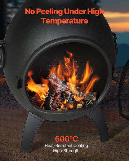 Chiminea, 40 cm vedeldad eldstad för utomhusbruk, sfärisk öppen spis för grillning och uppvärmning, eldstad i trä med grillnät, skorstensbeläggning och rostfritt skorstenslock, för uteplats, trädgård, bakgård