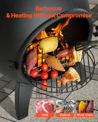 Chiminea, 22 Inch Outdoor Wood Burning Firepit, Spherical Fireplace for BBQ & Warming, Aluminum Wooden Fire Pit with Grill Mesh, Chimney Coat & Rustproof Chiminea Lid, for Patio/Garden/Backyard