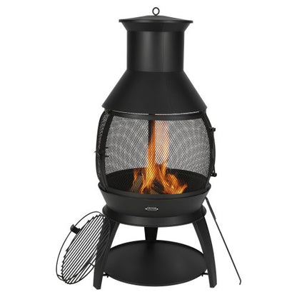 Chiminea, 22 tums vedeldad eldstad för utomhusbruk, sfärisk järneldstad för grillning och uppvärmning, eldstad i trä med grillnät, skorstensbeläggning och rostfritt skorstenslock, för uteplats, trädgård, bakgård