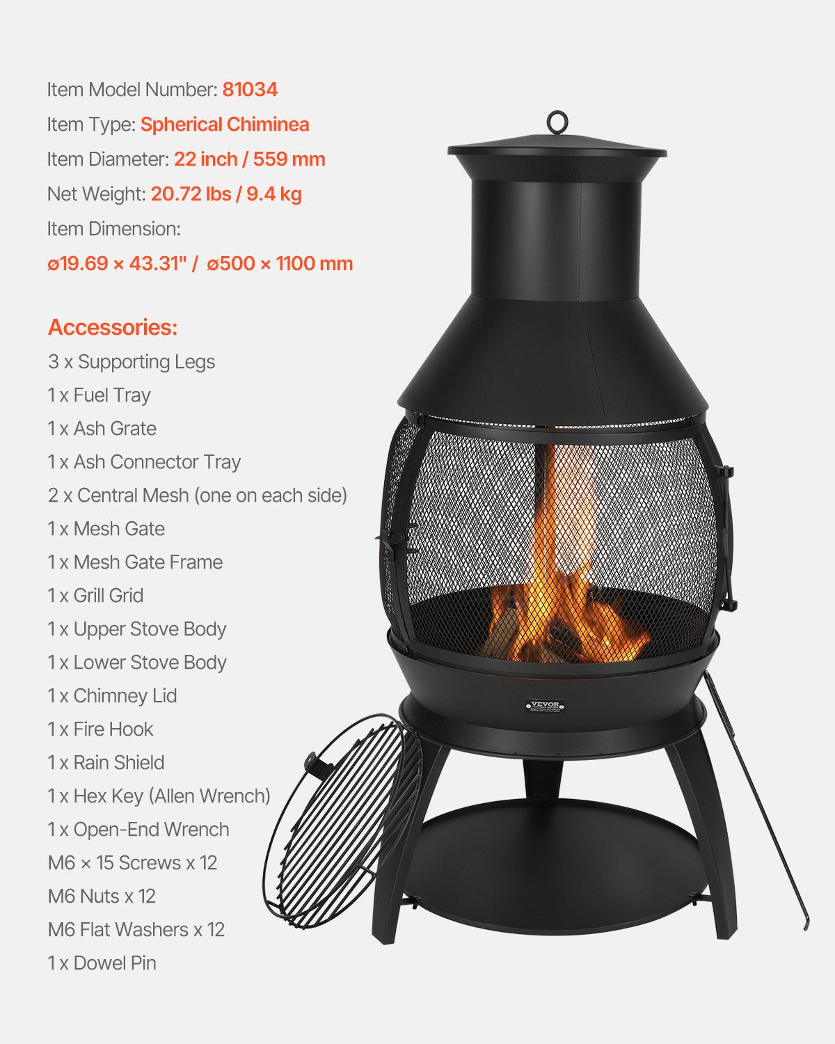 Chiminea, 22 tums vedeldad eldstad för utomhusbruk, sfärisk järneldstad för grillning och uppvärmning, eldstad i trä med grillnät, skorstensbeläggning och rostfritt skorstenslock, för uteplats, trädgård, bakgård
