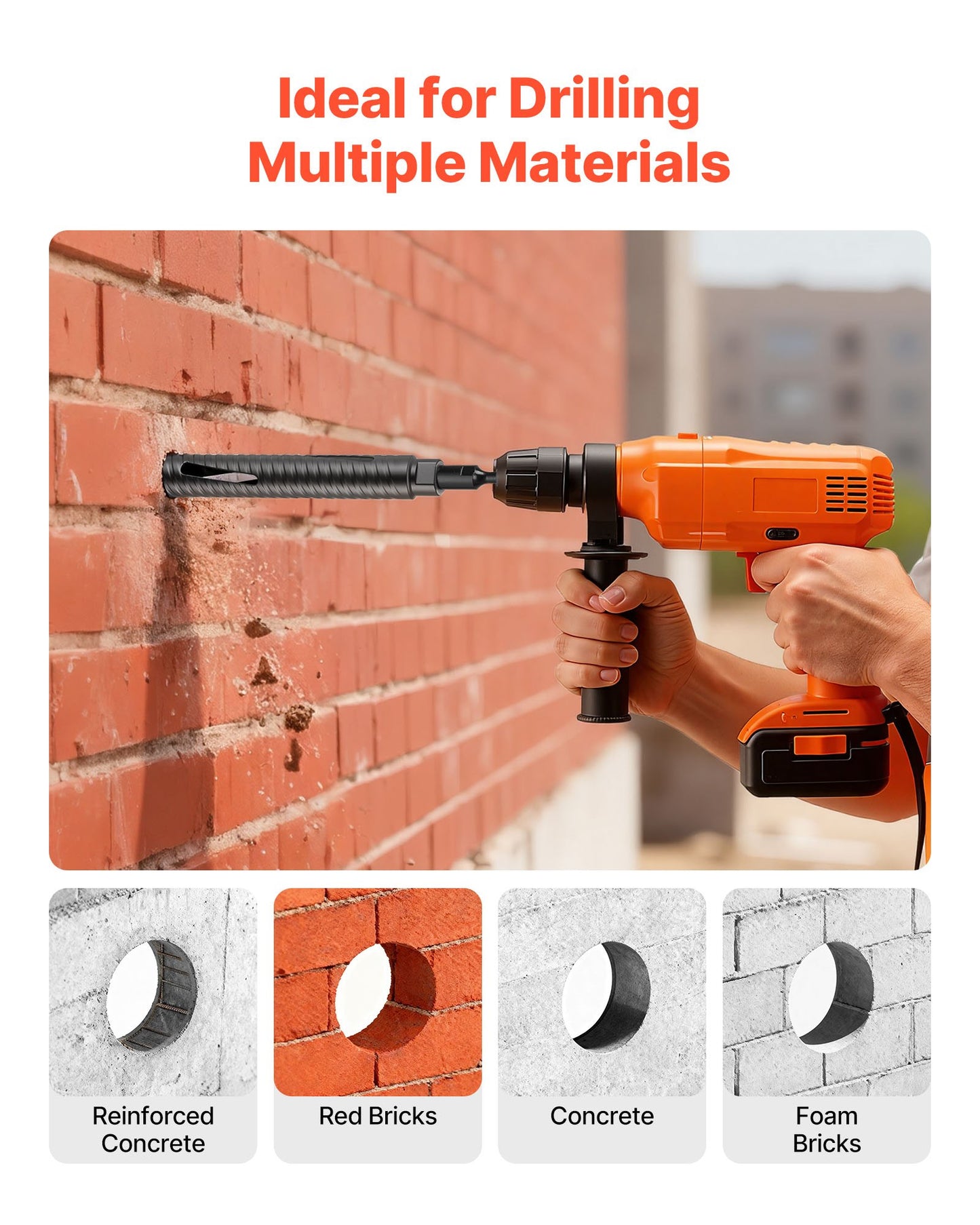 Core Drill Bit, 38 mm Diameter, 241 mm Drilling Depth, M16 Internal Thread, Diamond Dry Coring Bit with 3 Adapters, Pilot Drill and Hex Wrench, for Reinforced Concrete, Red Bricks, and Masonry