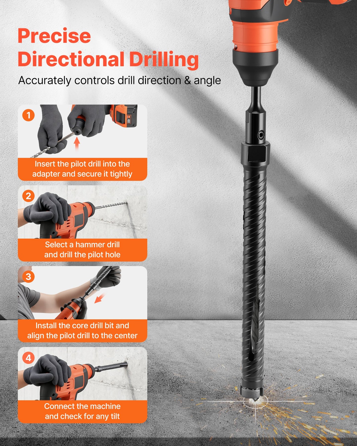 Core Drill Bit, 25 mm Diameter, 241 mm Drilling Depth, M16 Internal Thread, Diamond Dry Coring Bit with 3 Adapters, Pilot Drill and Hex Wrench, for Reinforced Concrete, Red Bricks, and Masonry