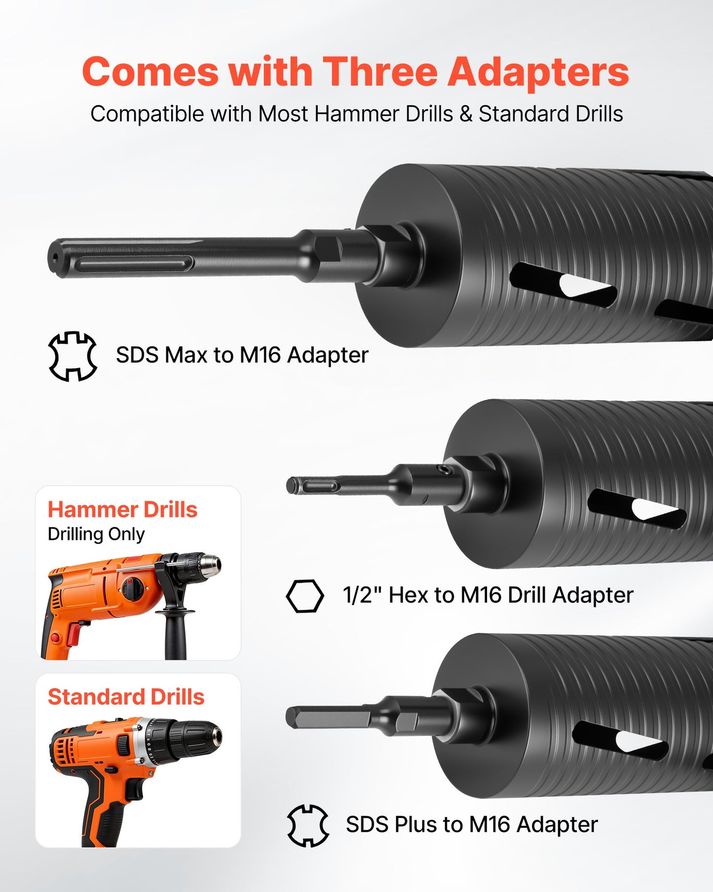 Core Drill Bit, 102 mm Diameter, 241 mm Drilling Depth, M16 Internal Thread, Diamond Dry Coring Bit with 3 Adapters, Pilot Drill and Hex Wrench, for Reinforced Concrete, Red Bricks, and Masonry
