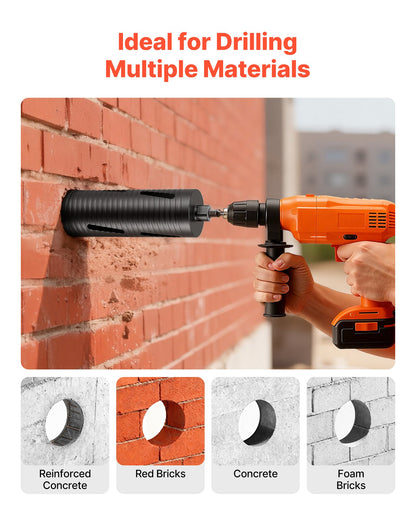 Core Drill Bit, 102 mm Diameter, 241 mm Drilling Depth, M16 Internal Thread, Diamond Dry Coring Bit with 3 Adapters, Pilot Drill and Hex Wrench, for Reinforced Concrete, Red Bricks, and Masonry