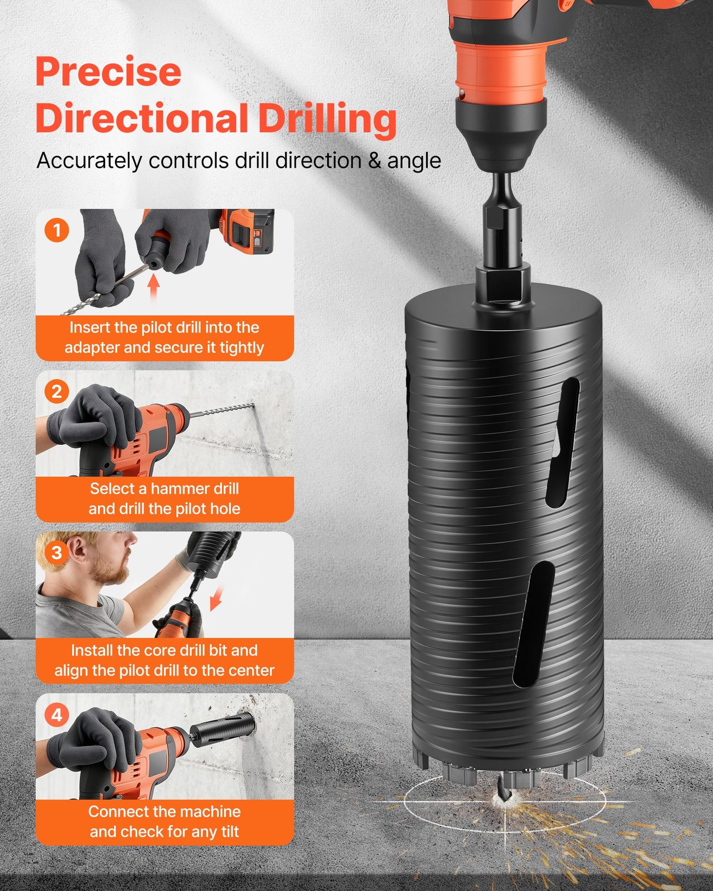 Core Drill Bit, 102 mm Diameter, 241 mm Drilling Depth, M16 Internal Thread, Diamond Dry Coring Bit with 3 Adapters, Pilot Drill and Hex Wrench, for Reinforced Concrete, Red Bricks, and Masonry