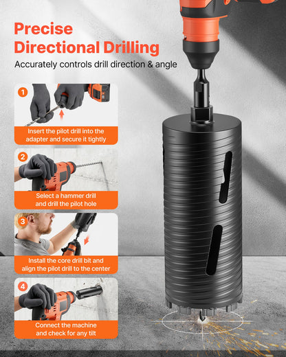 Core Drill Bit, 102 mm Diameter, 241 mm Drilling Depth, M16 Internal Thread, Diamond Dry Coring Bit with 3 Adapters, Pilot Drill and Hex Wrench, for Reinforced Concrete, Red Bricks, and Masonry