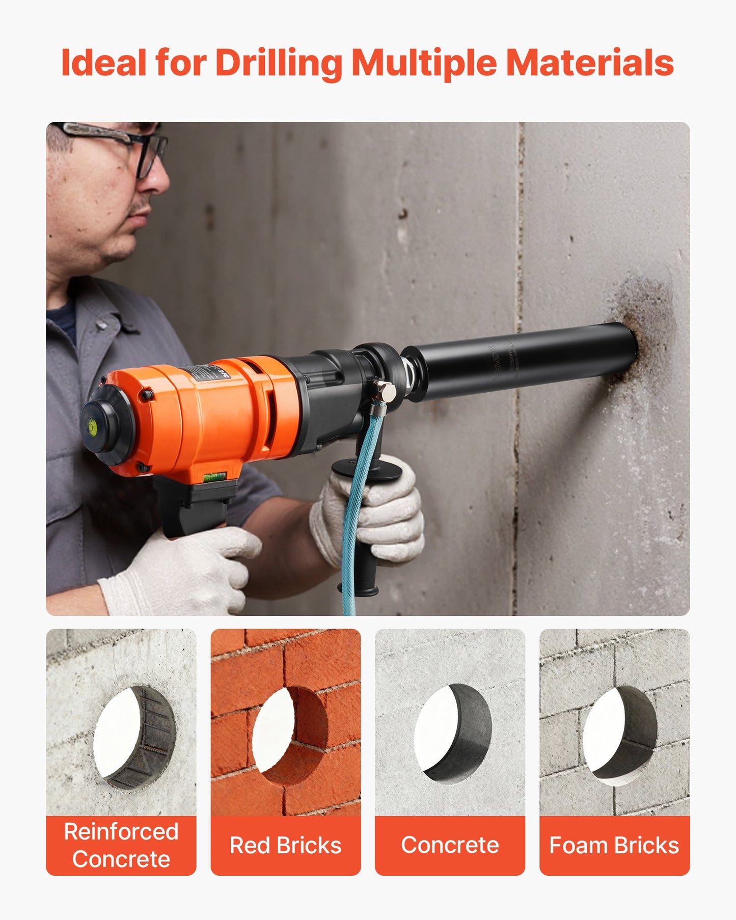 Core Drill Bit, 76 mm Diameter, 356 mm Drilling Depth, 1-1/4 in-7 Internal Thread, High-Precision Welding Technology, Wet Diamond Core Bit for Reinforced Concrete, Red Bricks, and Masonry