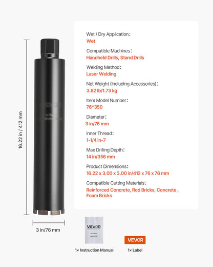 Core Drill Bit, 76 mm Diameter, 356 mm Drilling Depth, 1-1/4 in-7 Internal Thread, High-Precision Welding Technology, Wet Diamond Core Bit for Reinforced Concrete, Red Bricks, and Masonry