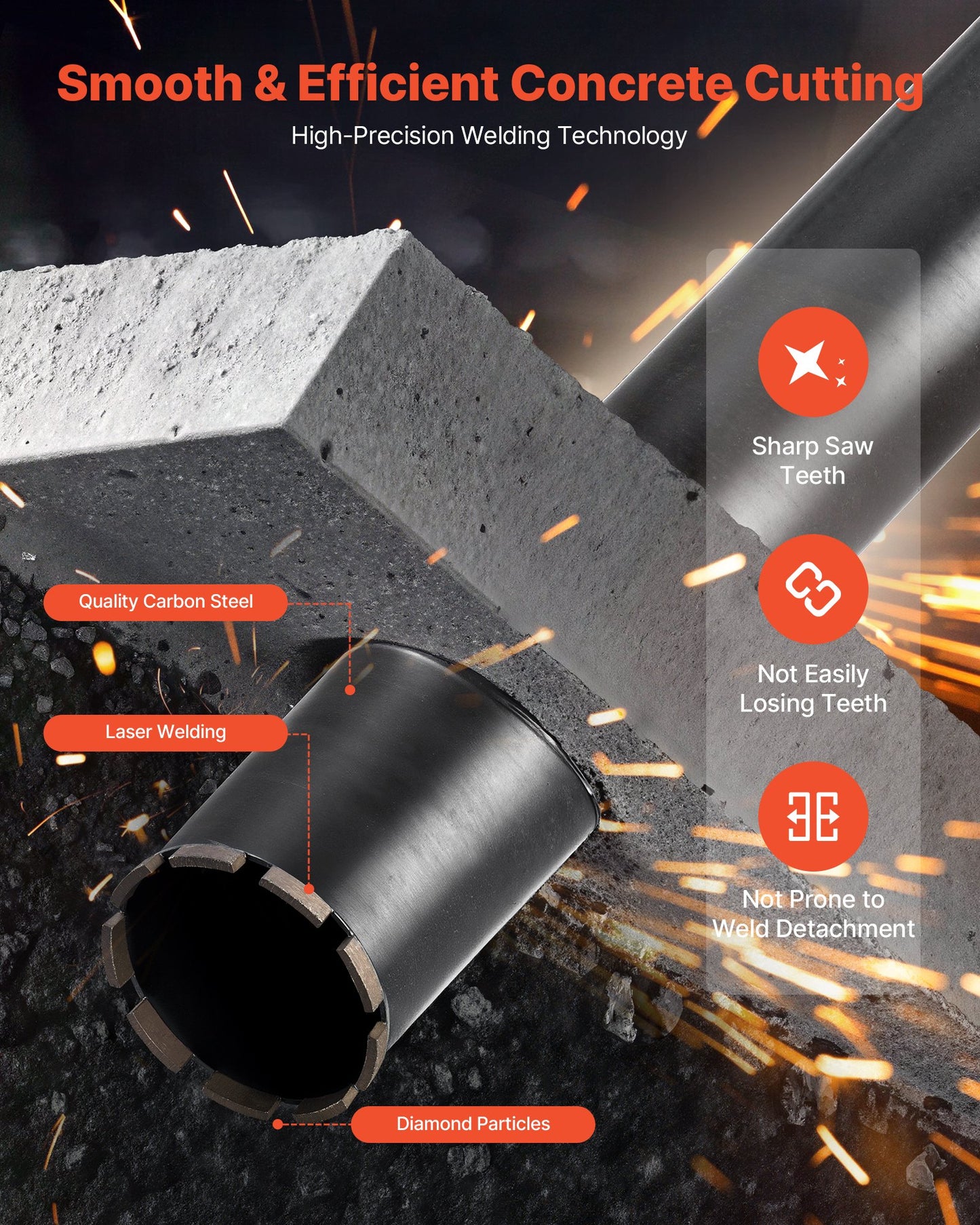 Core Drill Bit, 102 mm Diameter, 356 mm Drilling Depth, 1-1/4 in-7 Internal Thread, High-Precision Welding Technology, Wet Diamond Core Bit for Reinforced Concrete, Red Bricks, and Masonry