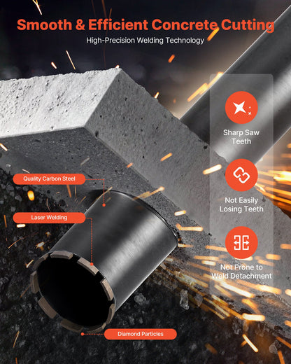 Core Drill Bit, 102 mm Diameter, 356 mm Drilling Depth, 1-1/4 in-7 Internal Thread, High-Precision Welding Technology, Wet Diamond Core Bit for Reinforced Concrete, Red Bricks, and Masonry