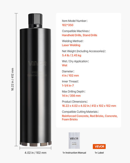 Core Drill Bit, 102 mm Diameter, 356 mm Drilling Depth, 1-1/4 in-7 Internal Thread, High-Precision Welding Technology, Wet Diamond Core Bit for Reinforced Concrete, Red Bricks, and Masonry