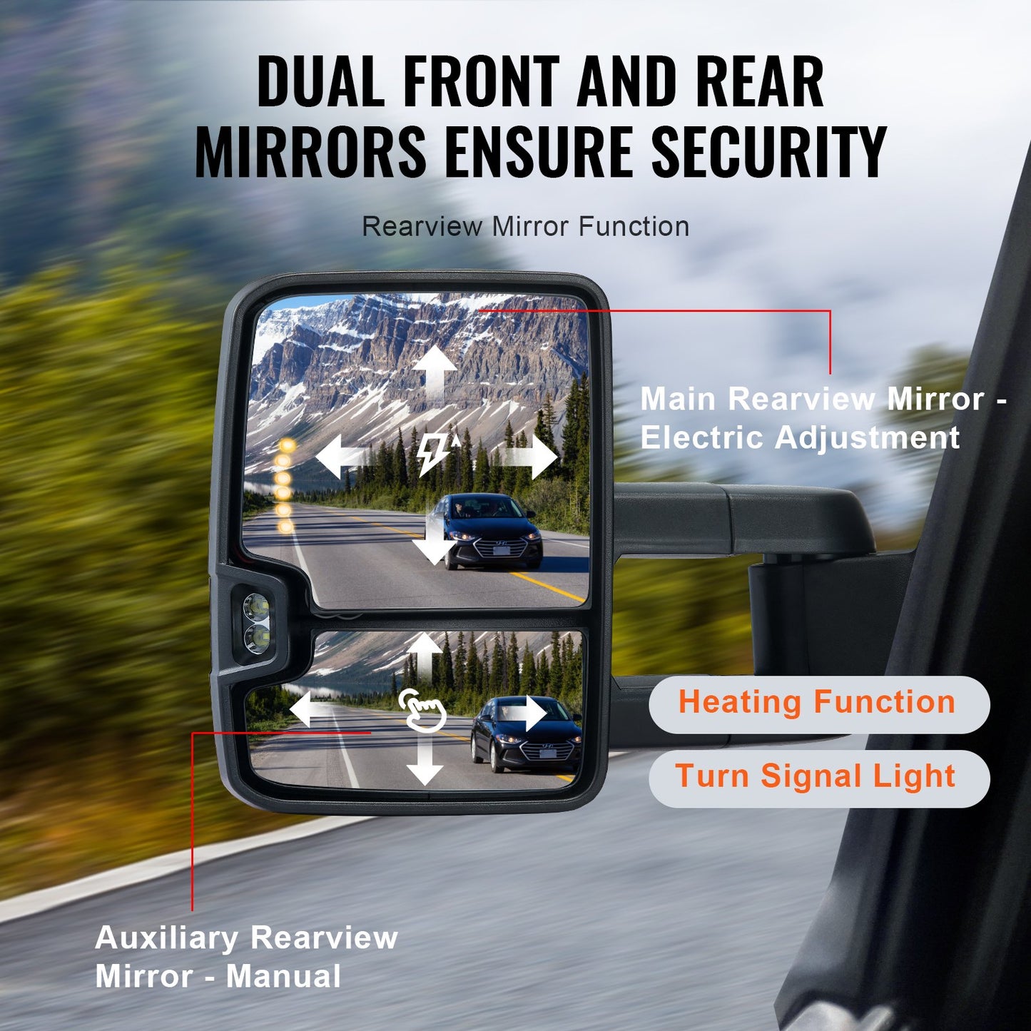 Bogserspeglar, vänster och höger parsats för Chevrolet Silverado (2003-2007)/GMC/Cadillac, elektriskt uppvärmda bärspegel med blinkers, manuellt styrbar teleskopisk infällbar, värme- och avfrostning, silver