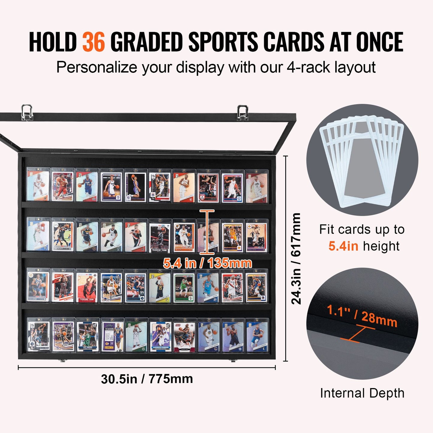 36 Graded Sports Card Display Case, 30.5x24.3x2.1 in/77.5x61.7x5.3 cm, Baseball Card Display Frame with 98% UV Protection Clear View PC Glass, Lockable Wall Cabinet for Football Basketball Hockey Trading Card