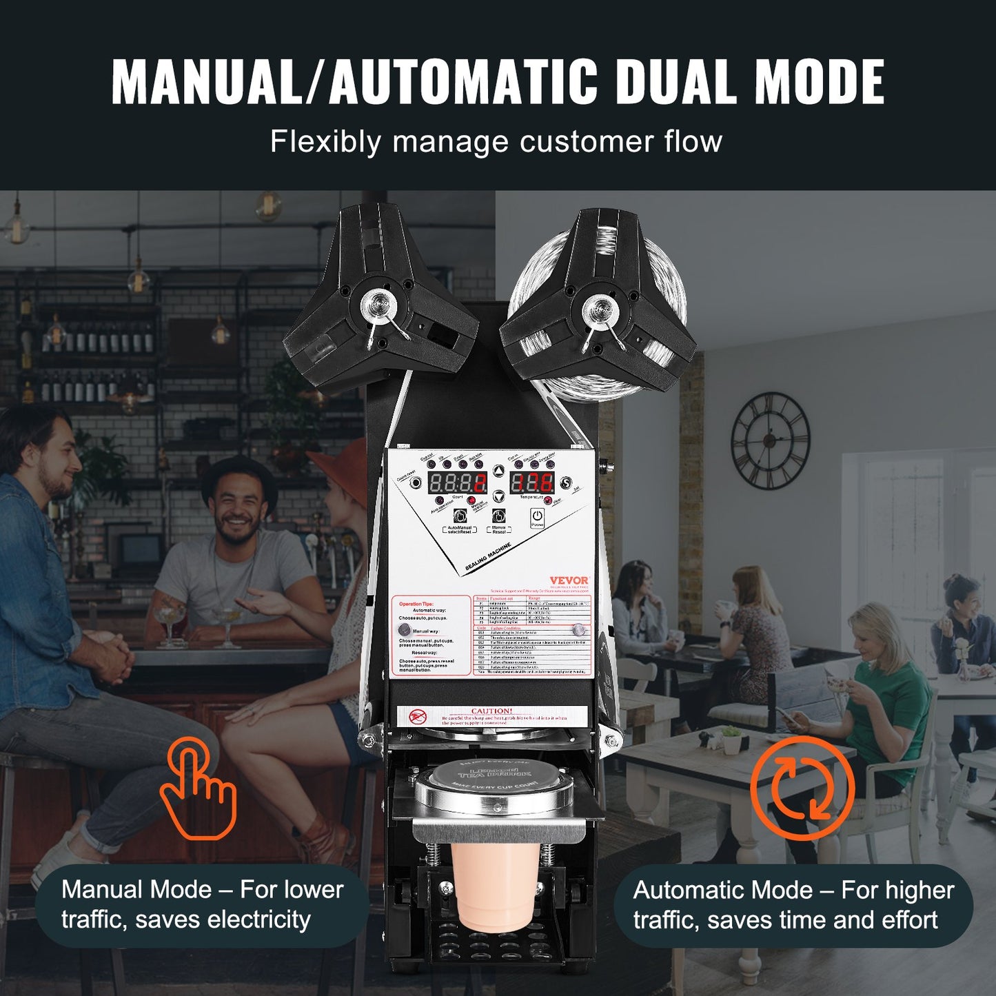 Helautomatisk koppförslutningsmaskin, 500-650 koppar/timme, koppförslutningsmaskin för 180 mm höga och 90/95 mm koppar, elektrisk Boba-teförslutare med digital kontroll-LCD-panel för bubbelmjölkste och kaffe, svart