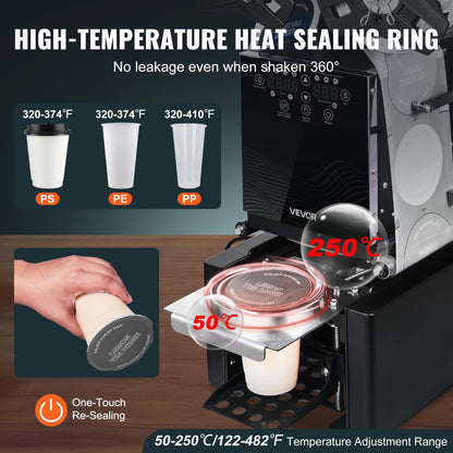 Helautomatisk koppförslutningsmaskin, 500-650 koppar/timme, koppförslutningsmaskin för 190 mm höga och 90/95 mm koppar, elektrisk Boba-teförslutare med digital kontroll-LCD-panel för bubbelmjölkste och kaffe, svart