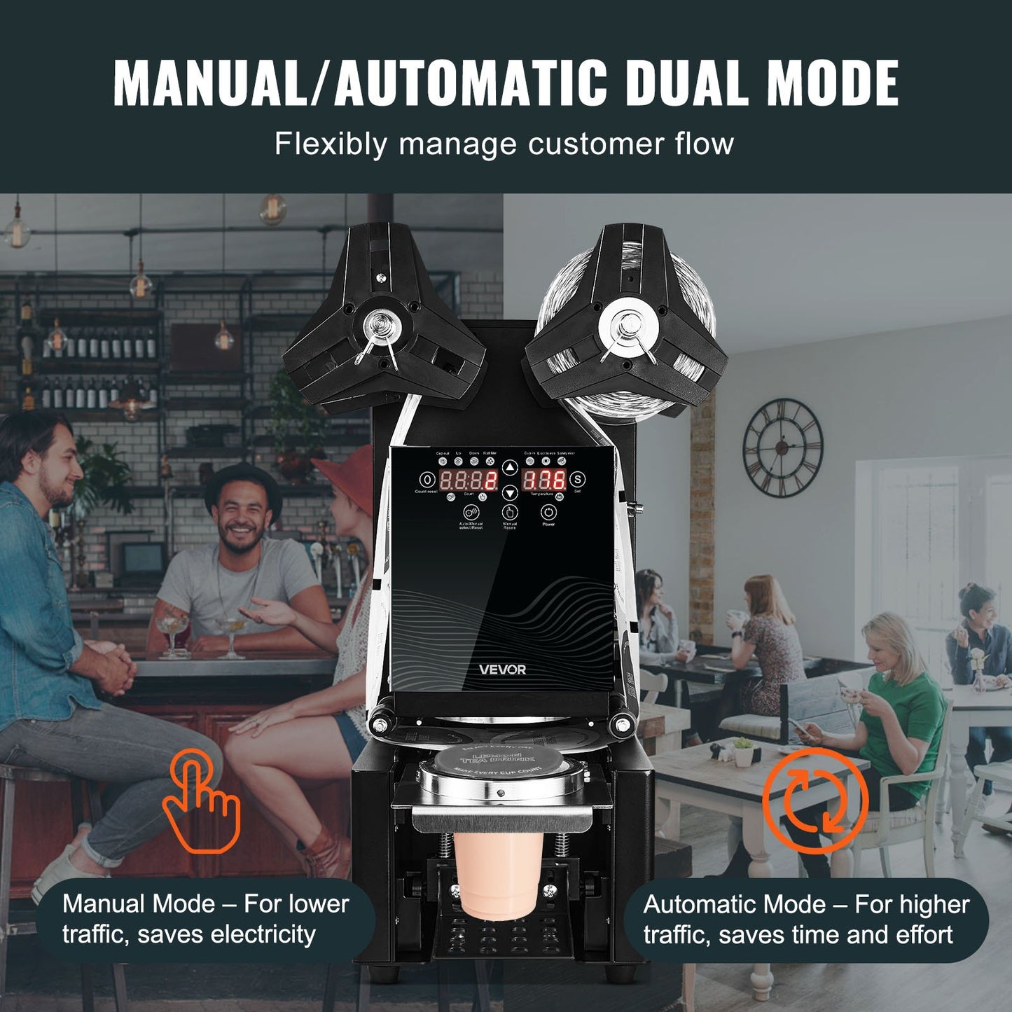 Helautomatisk koppförslutningsmaskin, 500-650 koppar/timme, koppförslutningsmaskin för 190 mm höga och 90/95 mm koppar, elektrisk Boba-teförslutare med digital kontroll-LCD-panel för bubbelmjölkste och kaffe, svart