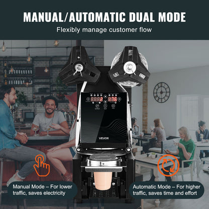 Helautomatisk koppförslutningsmaskin, 500-650 koppar/timme, koppförslutningsmaskin för 190 mm höga och 90/95 mm koppar, elektrisk Boba-teförslutare med digital kontroll-LCD-panel för bubbelmjölkste och kaffe, svart