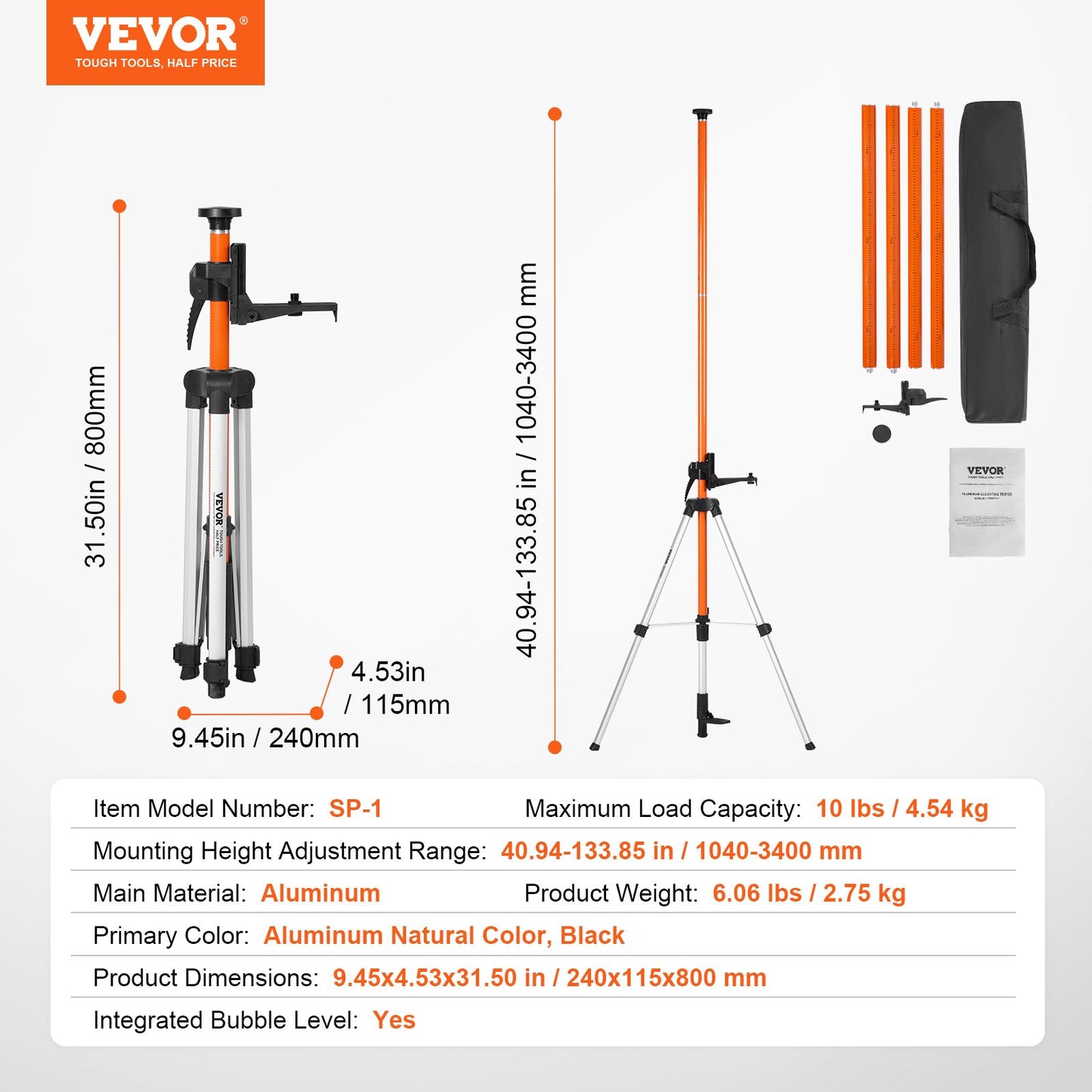 Lasernivåstativ 10,2 cm - 20 och 20,3 cm - 11 gängor, höjdjustering 1040-3400 mm