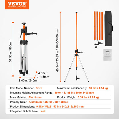 Lasernivåstativ 10,2 cm - 20 och 20,3 cm - 11 gängor, höjdjustering 1040-3400 mm