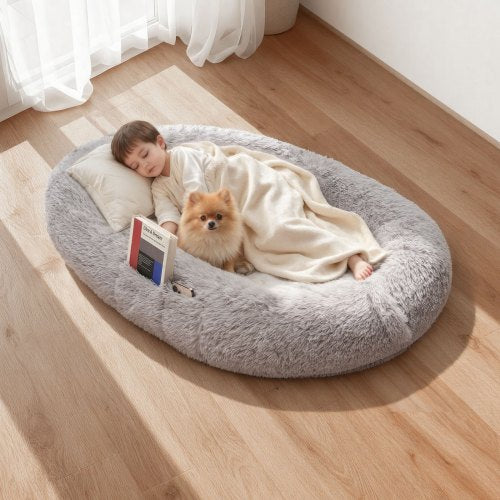 Human Dog Bed, 1320 x 860 x 240 mm Orthopedic Memory Foam Human Sized Dog Bed, Humans Pet Beds with Side Pocket, Handle & Zipper, Removable Machine-Washable Dogs Beds for Humans, Gray