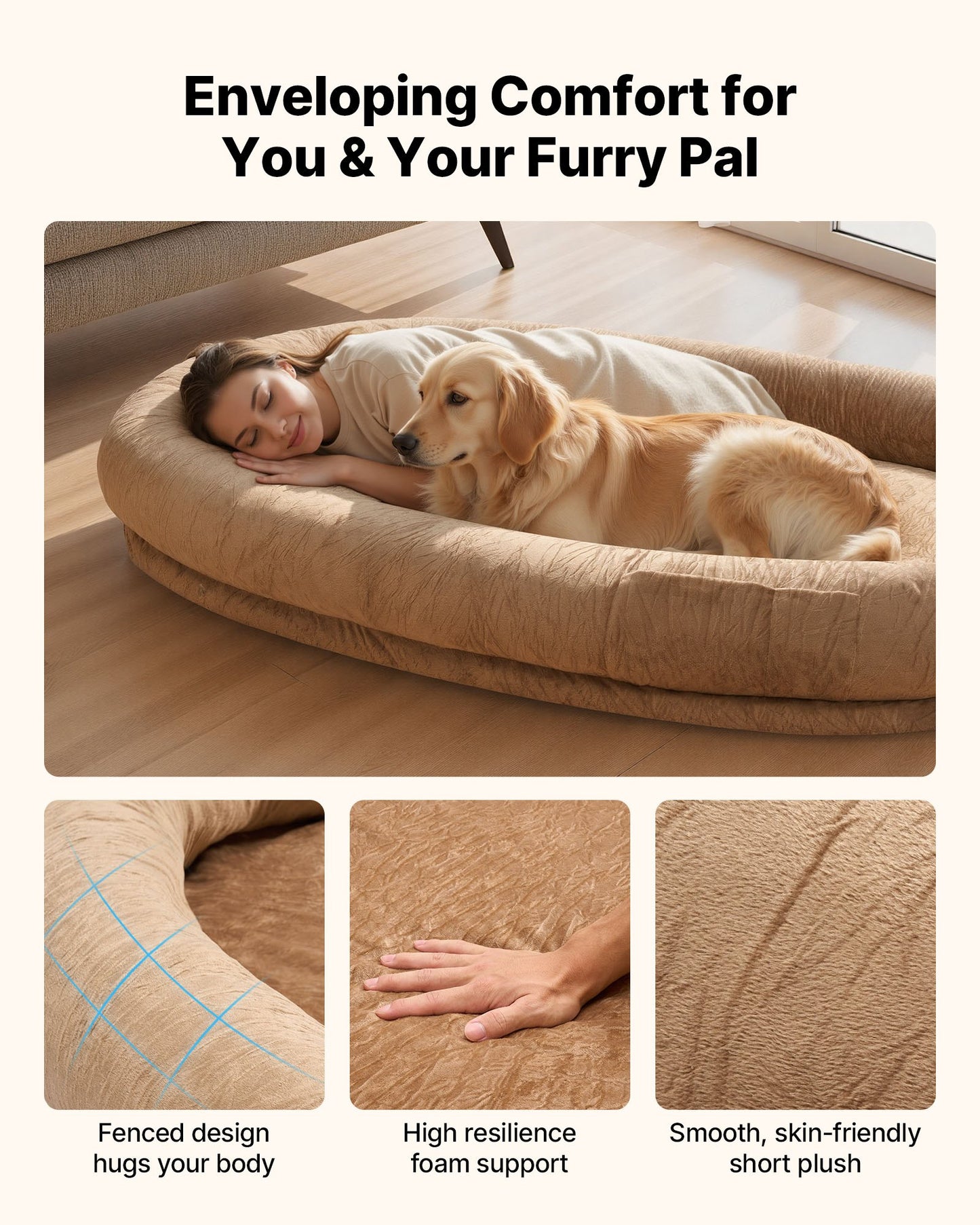 Human Dog Bed, 1770 x 1230 x 240 mm Orthopedic Memory Foam Human Sized Dog Bed, Humans Pet Beds with Side Pocket, Handle & Zipper, Removable Machine-Washable Dogs Beds for Humans, Brown