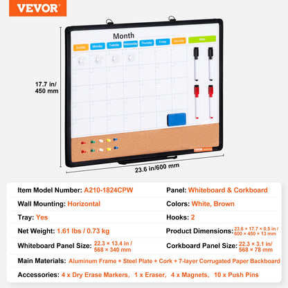 61 x 43 cm whiteboardtavla med månadskalender och korktavla i kombination med aluminiumram – 2-i-1 magnetisk whiteboardtavla med torr raderbar anslagstavla för väggmontering – Perfekt för skolan, hemmet, kontoret