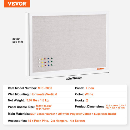 30"x20" White Cork Board with Linen Surface – Stylish Wall-Mounted Bulletin Board for Home, School, Office – Elegant & Functional Noticeboard