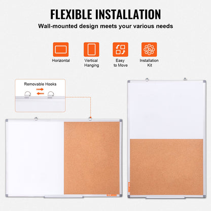 36"x 24" Whiteboard & Cork Board Combo with Aluminum Frame – 2-in-1 Magnetic Dry Erase Bulletin Board for Wall Mount – Ideal for School, Home, Office