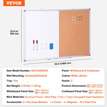 36"x 24" Whiteboard & Cork Board Combo with Aluminum Frame – 2-in-1 Magnetic Dry Erase Bulletin Board for Wall Mount – Ideal for School, Home, Office