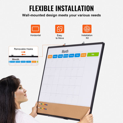 86 x 61 cm whiteboardtavla med månadskalender och korktavla i kombination med aluminiumram – 2-i-1 magnetisk whiteboardtavla med torr raderbar anslagstavla för väggmontering – Perfekt för skolan, hemmet, kontoret