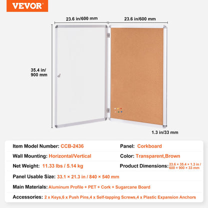 91 x 61 cm sluten korktavla med aluminiumram – Låsbar anslagstavla med akryldörr och 2 nycklar – Väderbeständig väggmonter för skola, hem, kontor
