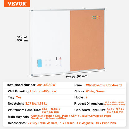 112 x 91 cm whiteboard- och korktavlakombination med aluminiumram – 2-i-1 magnetisk whiteboardtavla för väggmontering – perfekt för skolan, hemmet, kontoret