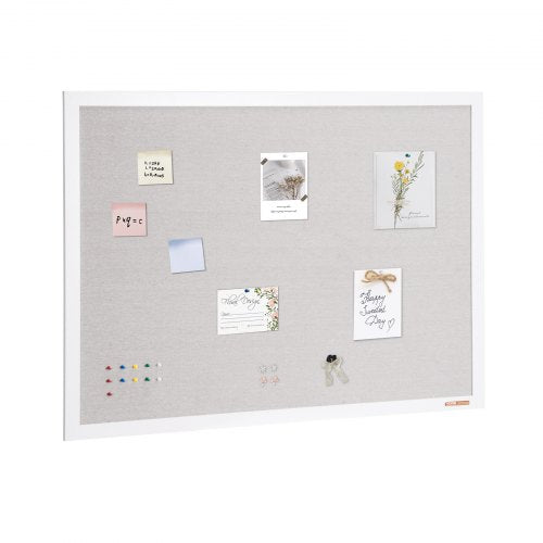 112x90 cm vit korktavla med linnefärgad yta – Snygg väggmonterad anslagstavla för hem, skola, kontor – Elegant och funktionell anslagstavla