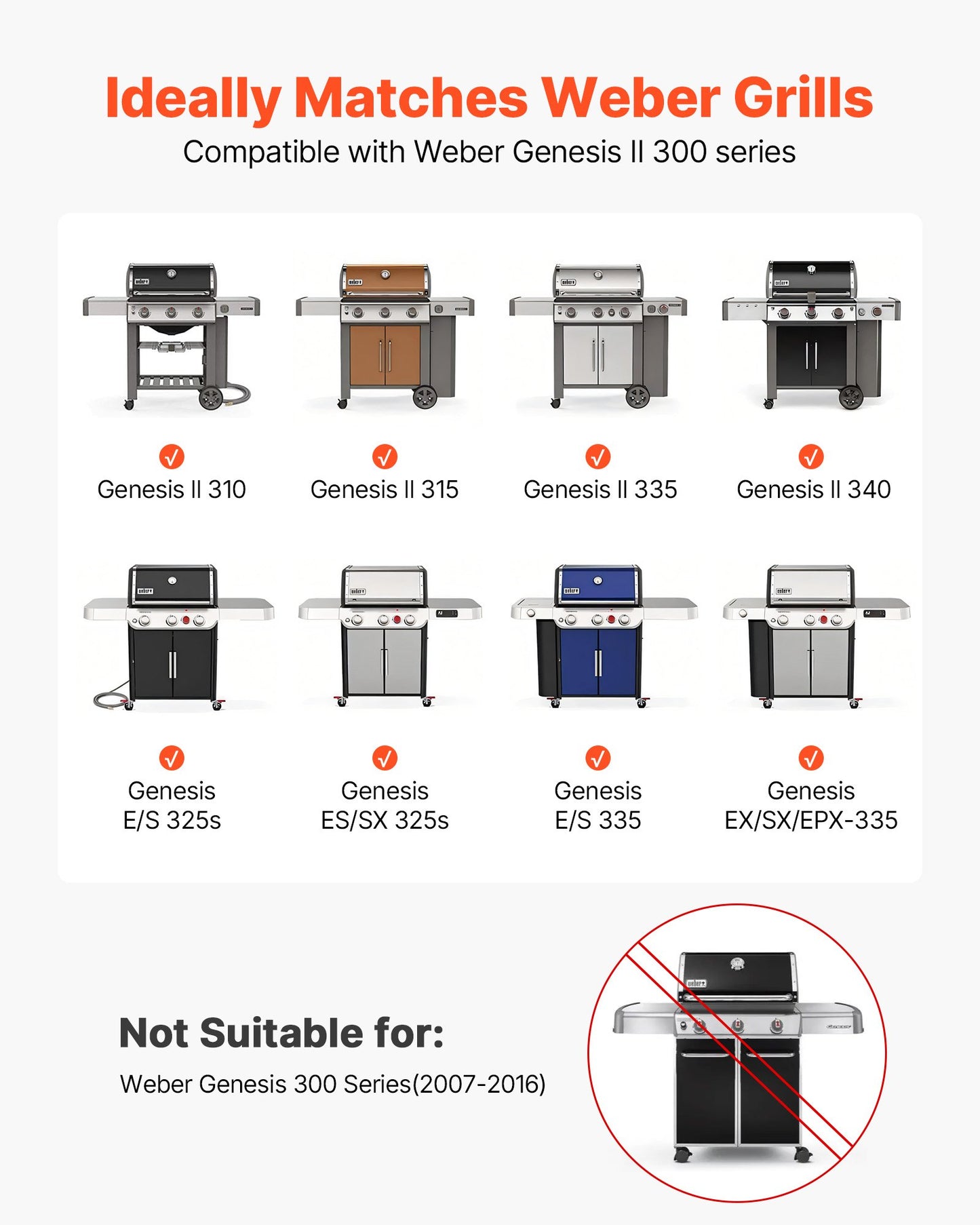 Smaksättningsstänger och värmeavvisare, 44 cm grillreservdel, för Weber Genesis ll 310 315 335 340, E/S 325s, ES/SX 325s, E/S 335, EX/SX/EPX-335 grillar, porslinsemaljerat stål, 8-pack