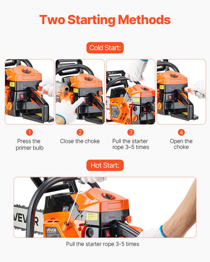 52 cc bensindriven motorsåg, 18 tums bensindriven motorsåg, 2,4 hk motorsåg med halkfritt handtag, bensindrivna motorsågar med dubbla bränsletankar, för vedkapning, trädbeskärning och markröjning