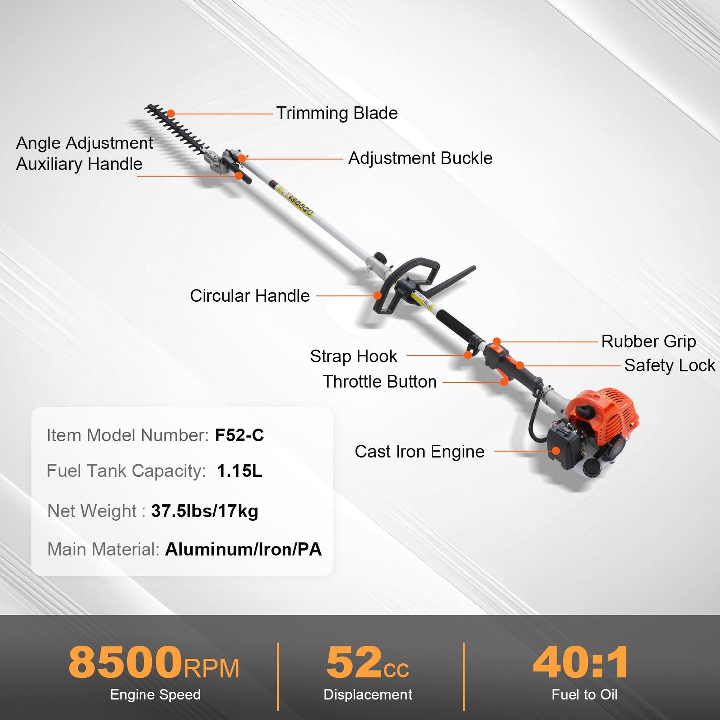 52CC 6-i-1 multifunktionella trimverktyg, bensindriven häcksax, ogräsrensare, trådtrimmer, röjsåg, kantsax, stångsåg, motorsågssekatör med förlängningsstång