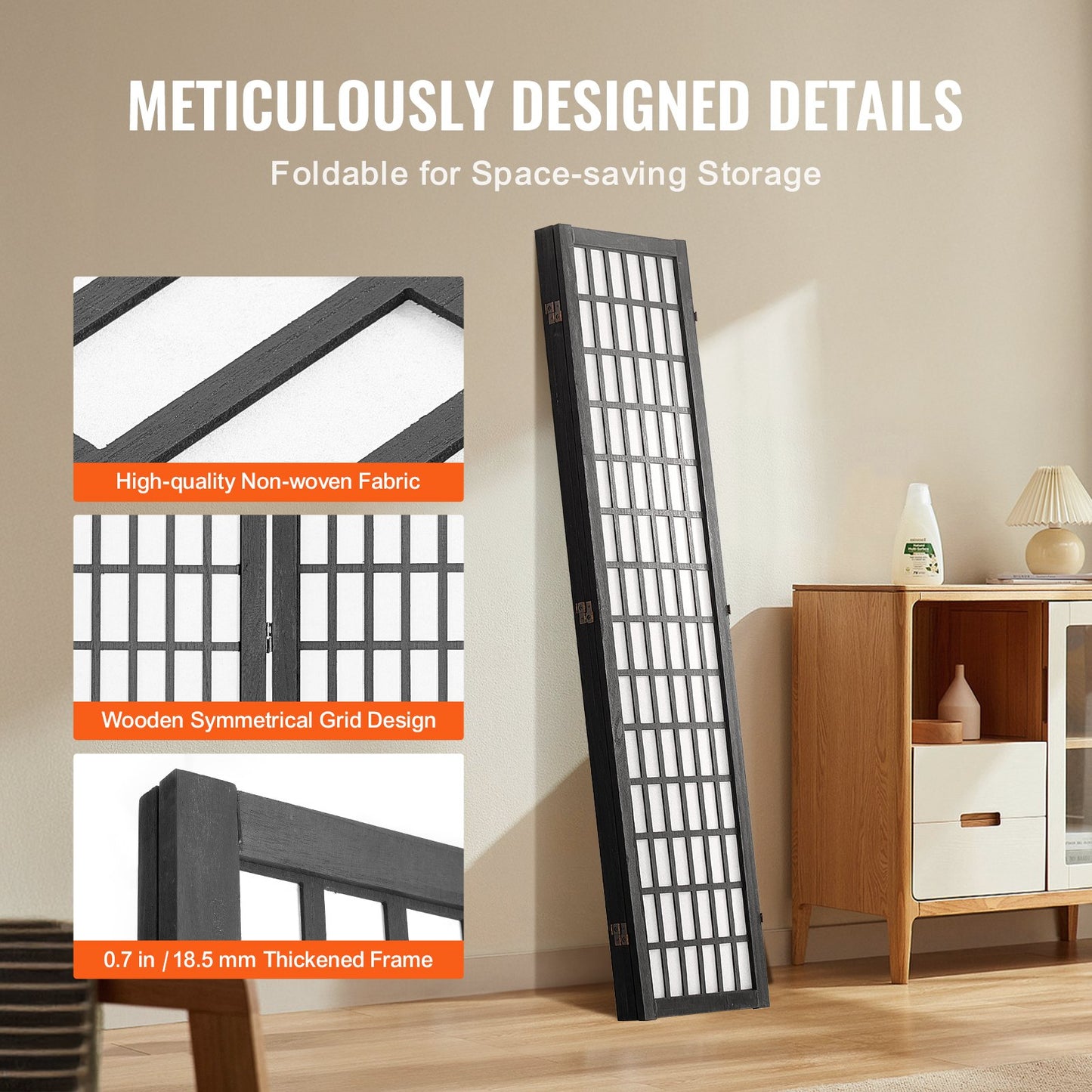 Rumsavdelare, japansk rumsavdelare med 4 paneler, vikbar insynsskydd i trä för inomhusbruk, japanska skiljeväggar, bärbara dekorationsskärmar, för rumsavskiljning, hemmakontor, restaurang och sovrum